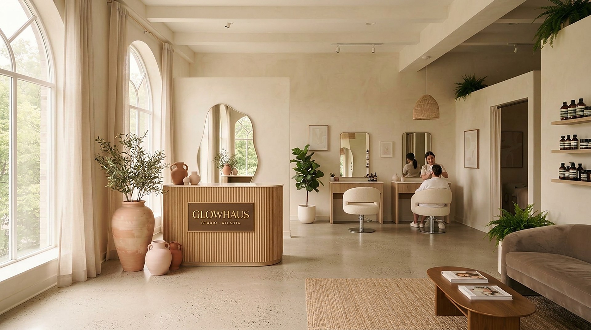 Sunlit interior of GlowHaus Studio in Atlanta, with the reception desk, styling stations, and waiting lounge